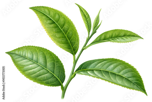 Fresh green tea leaves branch isolated on black background botanical illustration