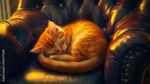 Baby Kitten Resting Comfortably on a Dark Leather Chair Made with Generative AI Technology