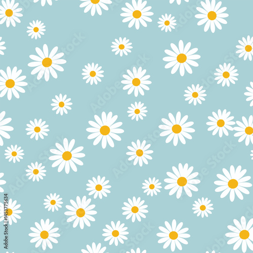 Daisy flower seamless pattern on blue background. Ditsy floral print with tiny chamomile great for fashion fabric, home decor textile and wallpaper. Vector