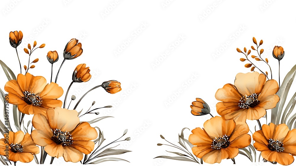 Fototapeta premium Floral watercolor style botanical art serene nature setting vibrant orange flowers