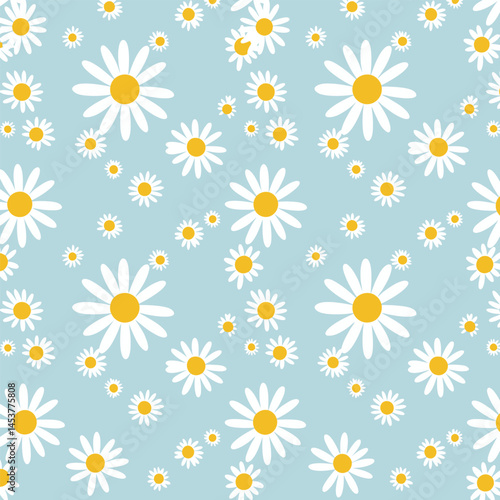 Daisy flower seamless pattern on blue background. Ditsy floral print with tiny chamomile great for fashion fabric, home decor textile and wallpaper. Vector