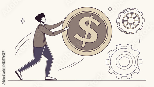 Man Pushing Dollar Coin With Gears As Financial Mechanism Concept