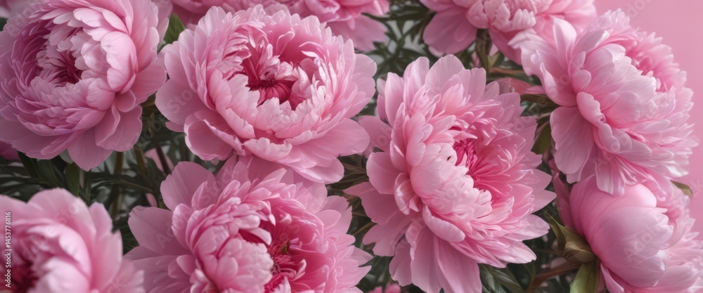 Obraz premium Dense cluster of pink peonies, soft pink backdrop, peony, fresh, macro