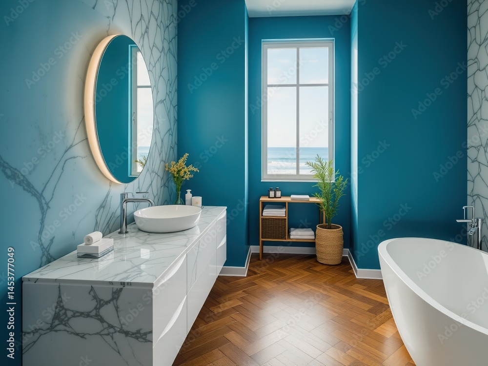Coastal Minimalist Bathroom with Blue Walls and Marble