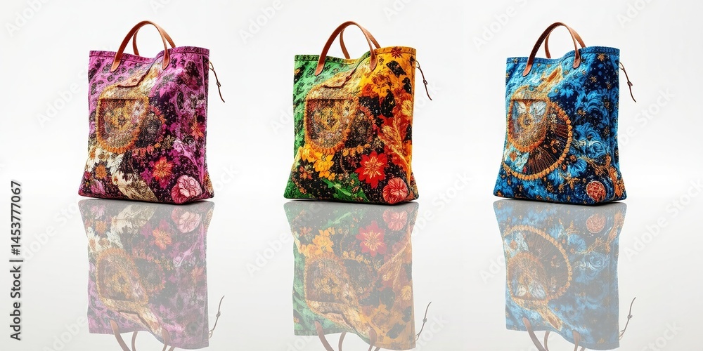 Colorful Canvas Handbag, White Background Reflection