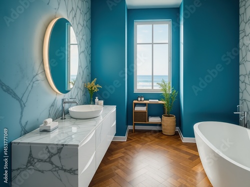 Obraz na płótnie Coastal Minimalist Bathroom with Blue Walls and Marble w salonie