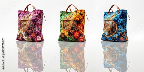 Obraz na płótnie Colorful Canvas Handbag, White Background Reflection w salonie