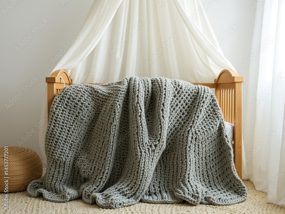 Cozy Knitted Blanket on Wooden Crib with Canopy