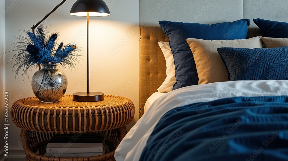 Cozy Bedroom with Rattan Bedside Table and Blue Decor