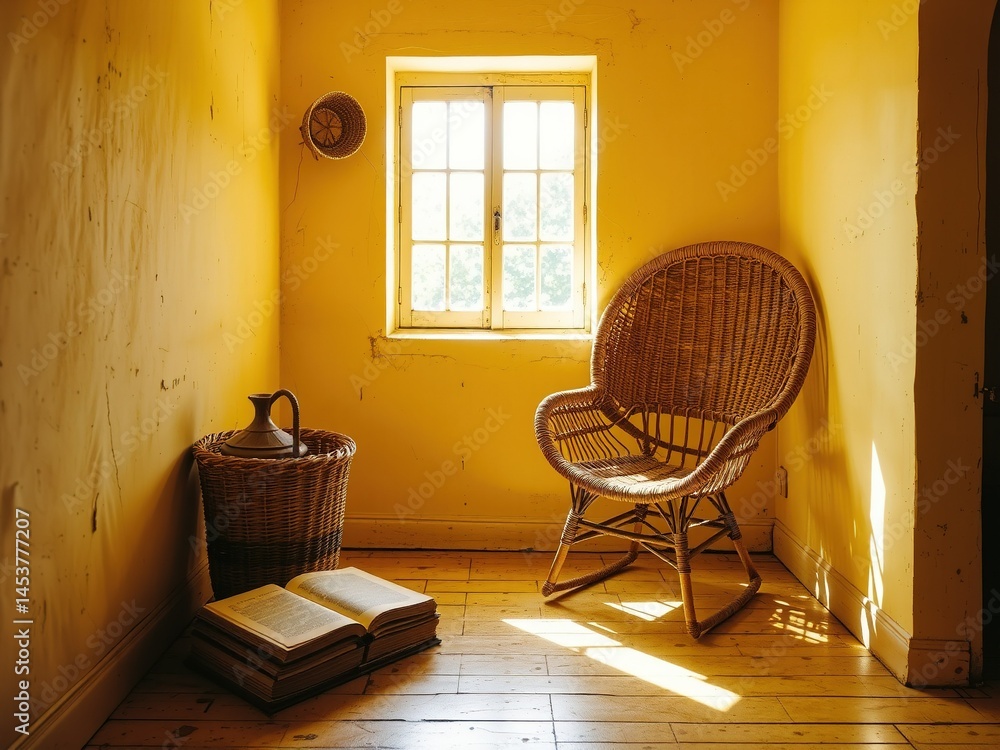 Cozy Yellow Room with Wicker Chair and Basket