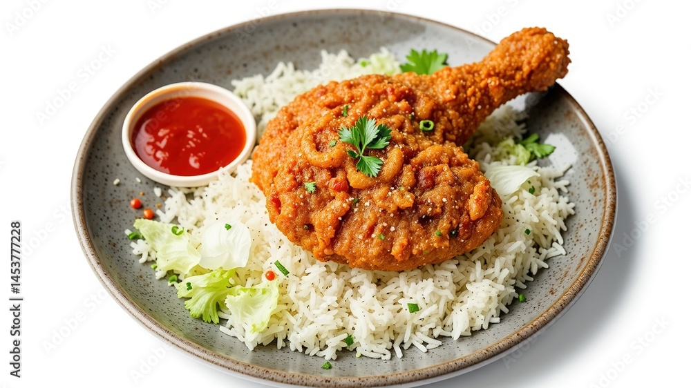Crispy Fried Chicken Breakfast Bowl with Rice and Lettuce