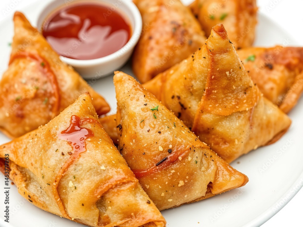 Crispy Samosas with Ketchup Sauce on White Plate - Ramadan Snack Closeup