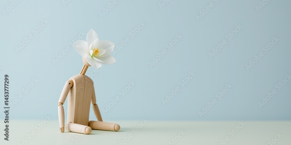 Delicate Bloom: Wooden Figure on Pastel Green