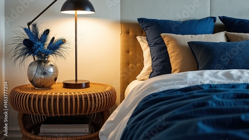Obraz na płótnie Cozy Bedroom with Rattan Bedside Table and Blue Decor w salonie