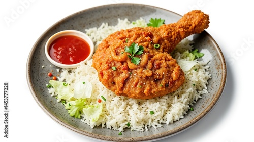 Obraz na płótnie Crispy Fried Chicken Breakfast Bowl with Rice and Lettuce w salonie