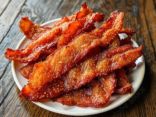 Obraz na płótnie Crispy Fried Bacon on a Plate - Delicious Breakfast Dish w salonie
