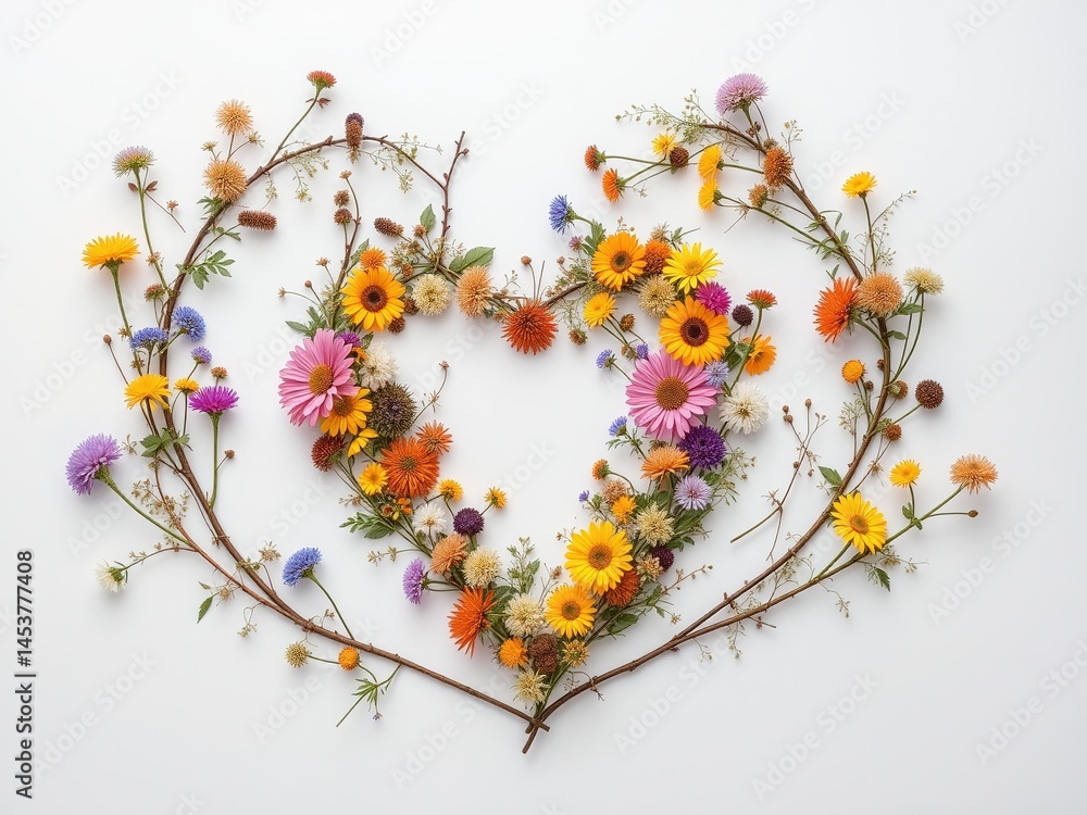 Delicate Heart-Shaped Wildflower Arrangement on White Background