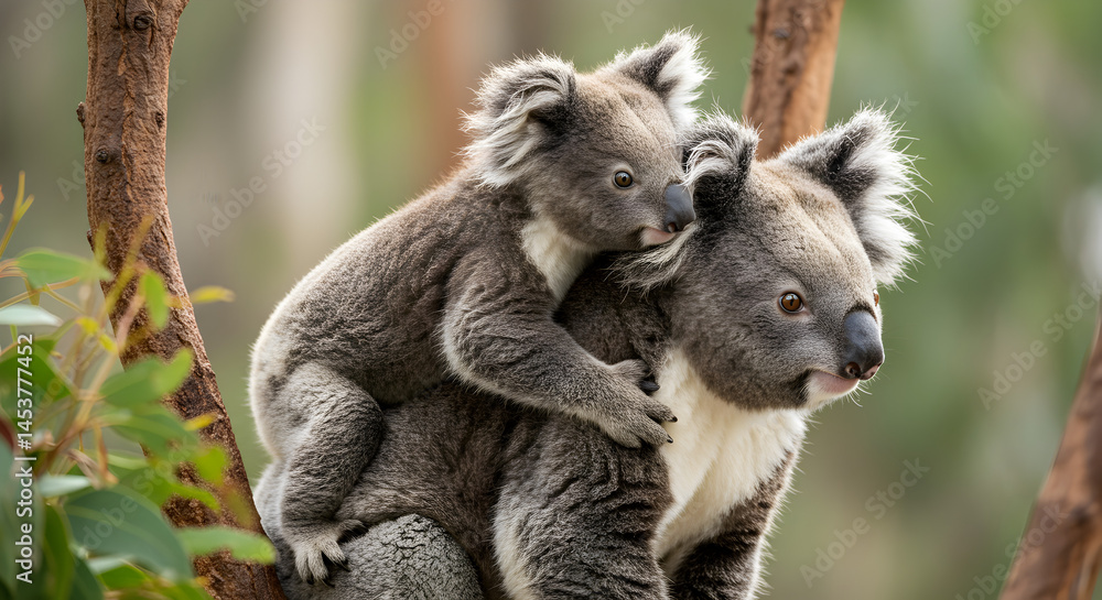 Fototapeta premium Mother Koala Bear with Baby Clinging to Her Back on a Tree Branch Featuring Soft Fur Texture in Natural Daylight Wildlife Photography