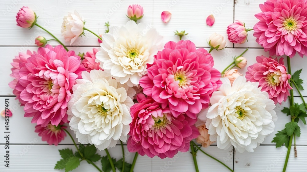 Delicate Pink and White Ranunculus on White Wood
