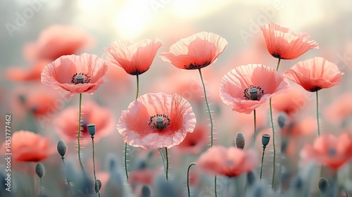 Dreamy poppy meadow in impressionistic style. Pastel red, pink, green hues, soft light, and delicate textures create a peaceful summer backdrop. Perfect for serene designs.