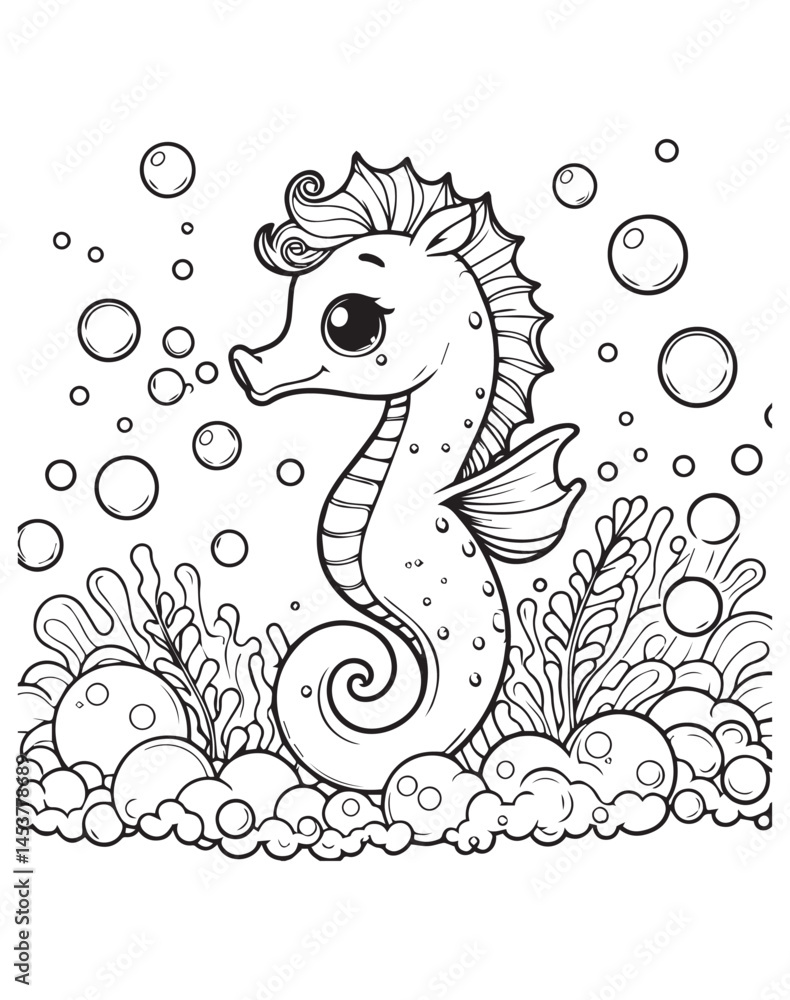 Fototapeta premium Coloring book seahorse surrounded by seaweed and bubbles
