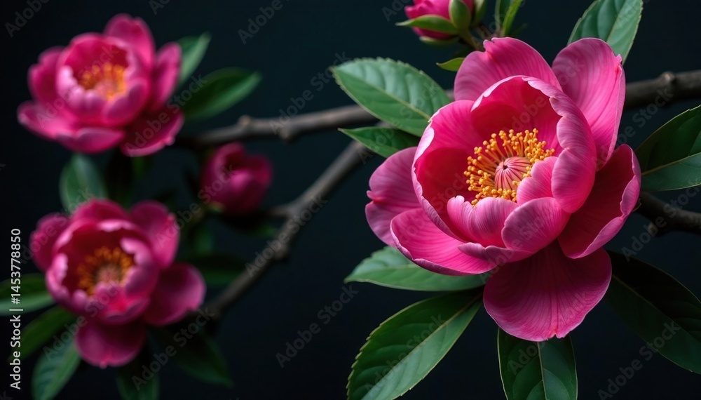 Bold peony blooms, intertwining branches, dark background , wallcovering, floral design, summer Bold peony blooms, intertwining branches, dark background , wallcovering, floral design, summer