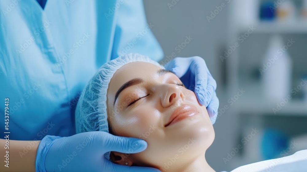 Naklejka premium Plastic surgeon touching and examining facial skin of a Asian female,Woman face being checked doctor hands to cosmetic surgery,rhinoplasty surgery in clinic, generative ai,3d render.