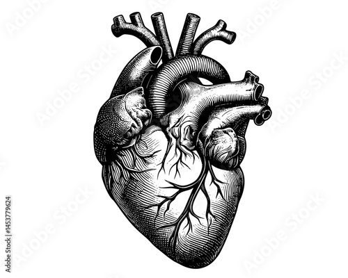 Anatomical Heart Illustration, Detailed Representation of Human Cardiac Structure, meticulously detailed, black-and-white illustration showcases the human heart, including its chambers, arteries