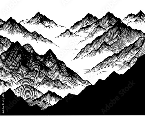 Majestic Mountain Range, Detailed Black-and-White Landscape, monochrome illustration showcases a rugged mountain range with sharp, jagged peaks and mist-filled valleys