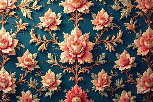 Intricate damask floral wallpaper, ornate blooms & scrolls , baroque, fabric, floral