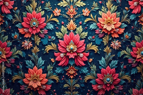 Intricate floral damask textile design in rich jewel tones , fabric, ornate