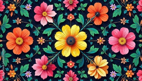 Intricate floral motifs within a bold geometric grid , trendy, image