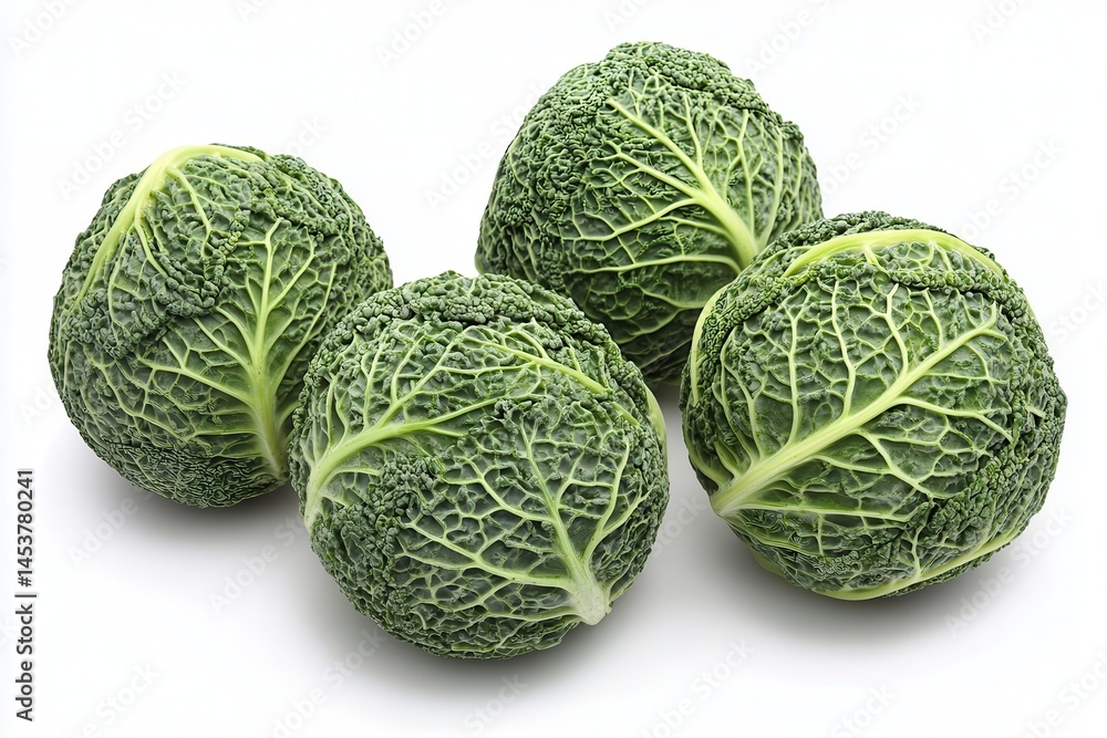 Fototapeta premium Fresh green cabbages arranged neatly, showcasing their textured leaves on a white backdrop