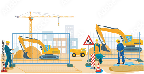 Baustelle mit Bauarbeitern und Baumaschinen, Illustration..eps