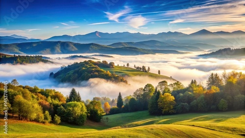 Panoramic view of a serene landscape with misty mountains and rolling hills in the background, set against a clear blue sky with puffy white clouds, scenic vistas, natural beauty