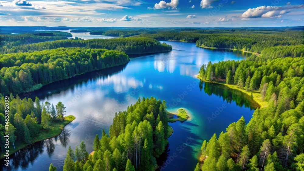 Aerial view of serene blue lakes surrounded by lush green forests with tall trees and vibrant wildflowers on a warm sunny summer day in Finland from above , forests, tranquility Aerial view of serene blue lakes surrounded by lush green forests with tall trees and vibrant wildflowers on a warm sunny summer day in Finland from above , forests, tranquility