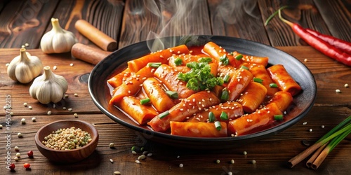 Spicy tteokbokki with crispy sesame seeds and chopped green onions on a dark wood background, surrounded by steaming hot sauce and garnished with toasted garlic , dark background, tteokbokki