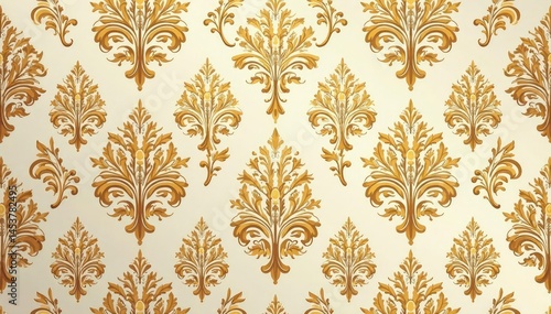 Symmetrical damask pattern with scrolling acanthus leaves, beige and brown tones , brown, surface