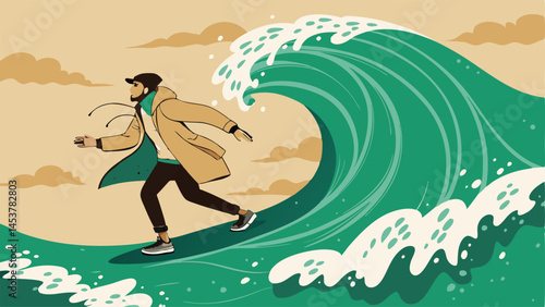 Man Facing Challenges Walking On Giant Ocean Wave Against Beige Background Art