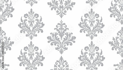 Classic damask pattern with swirling acanthus leaves and scrolls in muted grey on white , subtle, refined