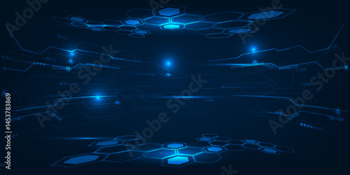 Vector illustrations of futuristic digital technology stage layout for showcase with neon blue futuristic pedestal or stage.Future tech design concepts.	