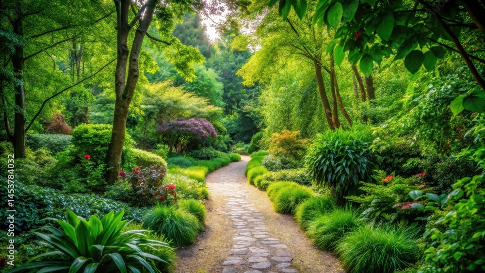 Path through serene garden with dense foliage, natural scenery, garden path, natural scenery Path through serene garden with dense foliage, natural scenery, garden path, natural scenery