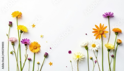 Delicate scattered wildflowers on white, minimalist style, illustration, summer, white