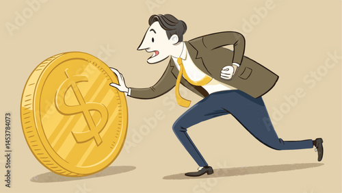Cartoon Businessman Rolling A Large Dollar Coin Towards Financial Success