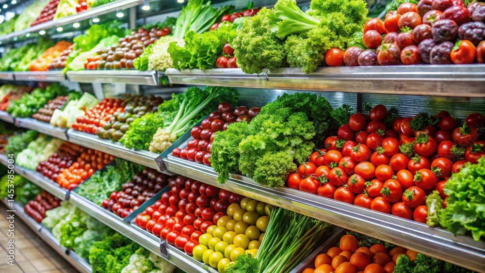 A refrigerated section of a supermarket filled with fresh produce such as crisp lettuce leaves, plump tomatoes, and juicy berries in cold storage, grocery, cold storage A refrigerated section of a supermarket filled with fresh produce such as crisp lettuce leaves, plump tomatoes, and juicy berries in cold storage, grocery, cold storage