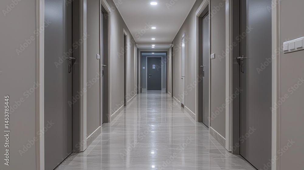 A long, well-lit corridor features sleek gray doors on either side, leading to various rooms in a contemporary hotel or office building. The polished floor reflects the bright lights above A long, well-lit corridor features sleek gray doors on either side, leading to various rooms in a contemporary hotel or office building. The polished floor reflects the bright lights above