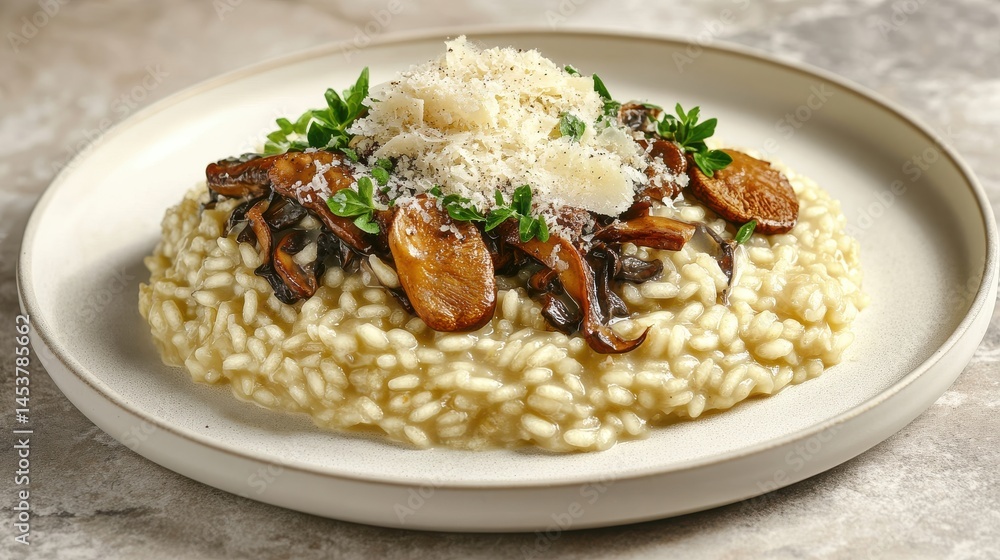 Creamy risotto topped with mushrooms and herbs Creamy risotto topped with mushrooms and herbs
