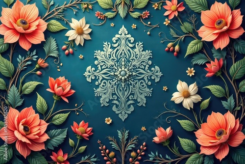Intricate floral damask, swirling vines and leaves, baroque, decoration
