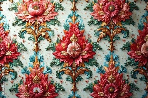 Intricate floral damask textile, elegant repeating motif , scroll, interior, damask
