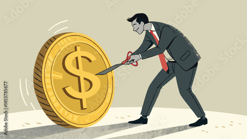 Businessman Cutting A Large Gold Dollar Coin Concept Of Tax Reduction